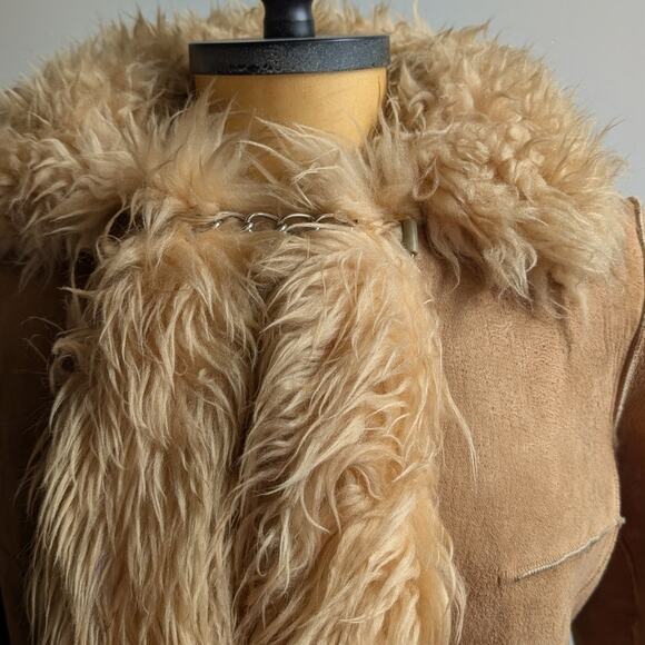 70s Vintage Brown Leather Penny Lane Coat Tan Suede Fur Groovy Boho Afghan Coat - Picture 7 of 10